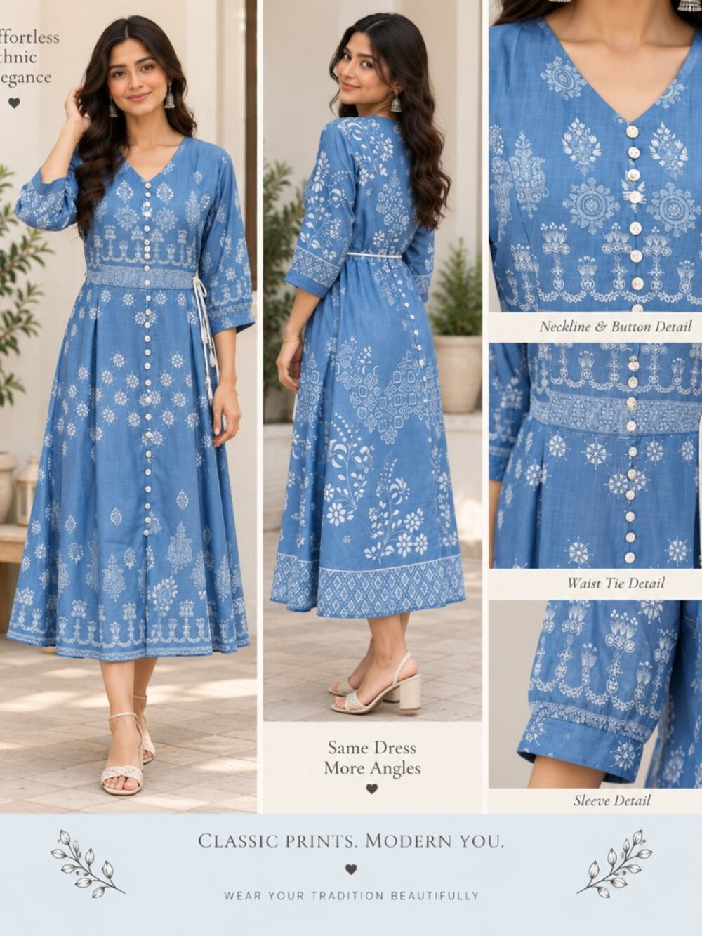 Dusty Blue Floral Print Button-Down Midi Dress